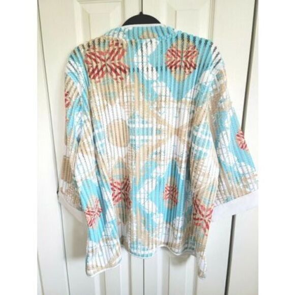 Multiples Women's Jacket Plus 2X Aqua-Tan-Red Multi Color Eyelet‎ Half Slv. NWOT - Picture 2 of 9